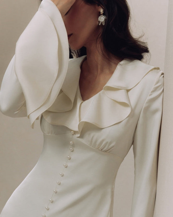 Pearl Button Ruffle Midi Dress