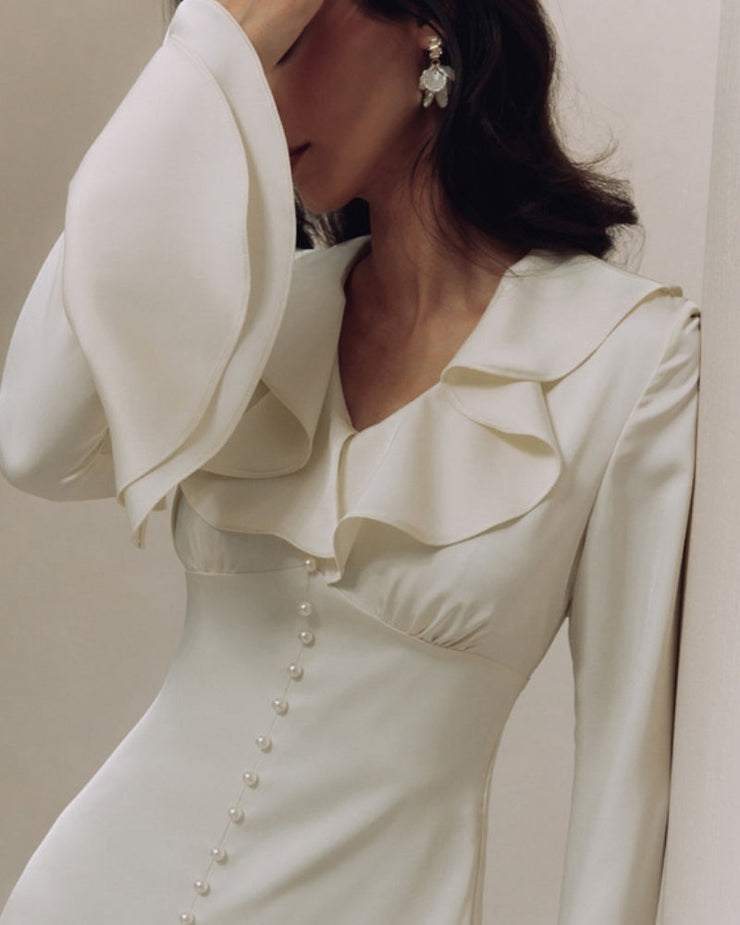 Pearl Button Ruffle Midi Dress